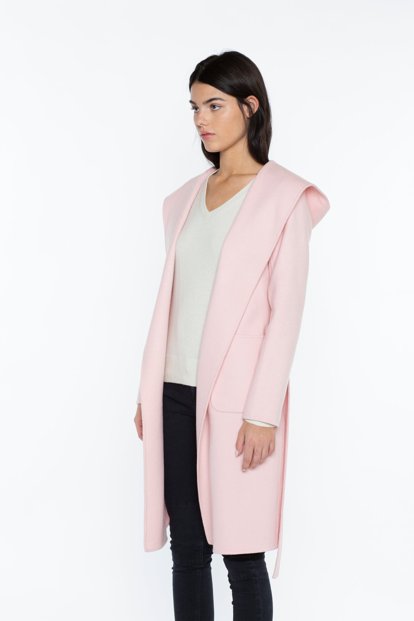 JENNIE LIU WOMEN'S CASHMERE WOOL DOUBLE FACE HOODED TRENCH COAT WITH BELT