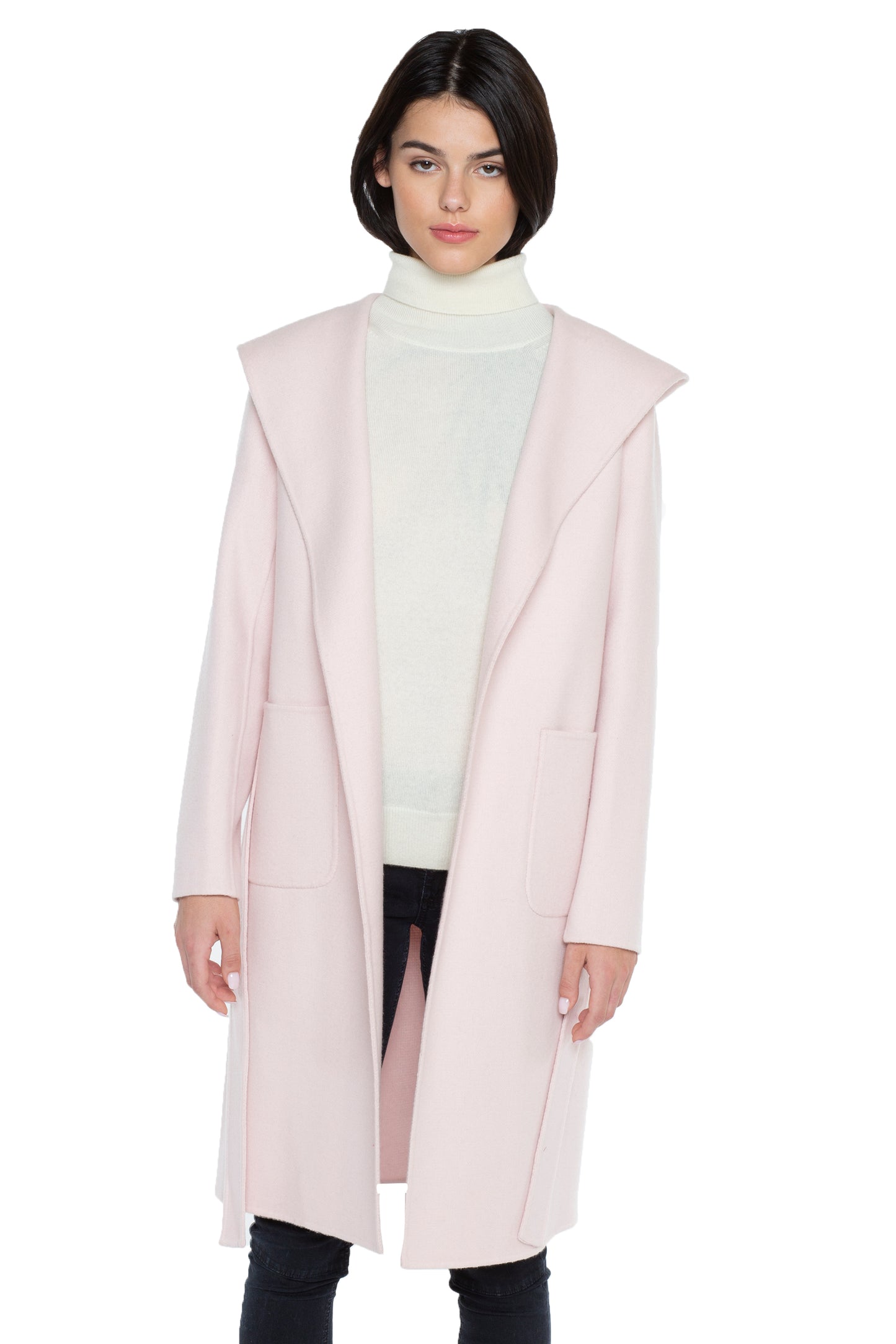 JENNIE LIU WOMEN'S CASHMERE WOOL DOUBLE FACE HOODED TRENCH COAT WITH BELT