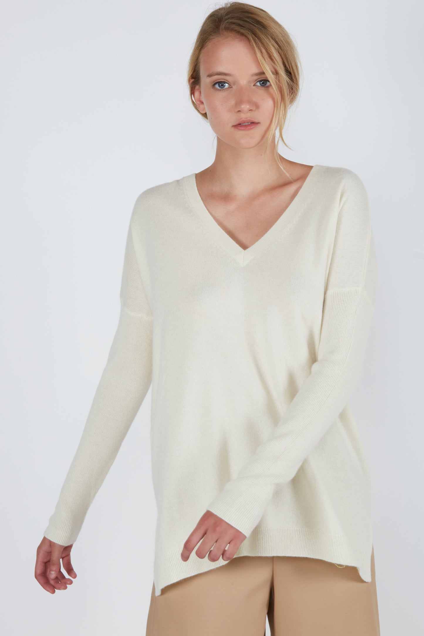 J CASHMERE Women's 100% Cashmere Slouchy Dolman Sleeve Double V Neck Sweater