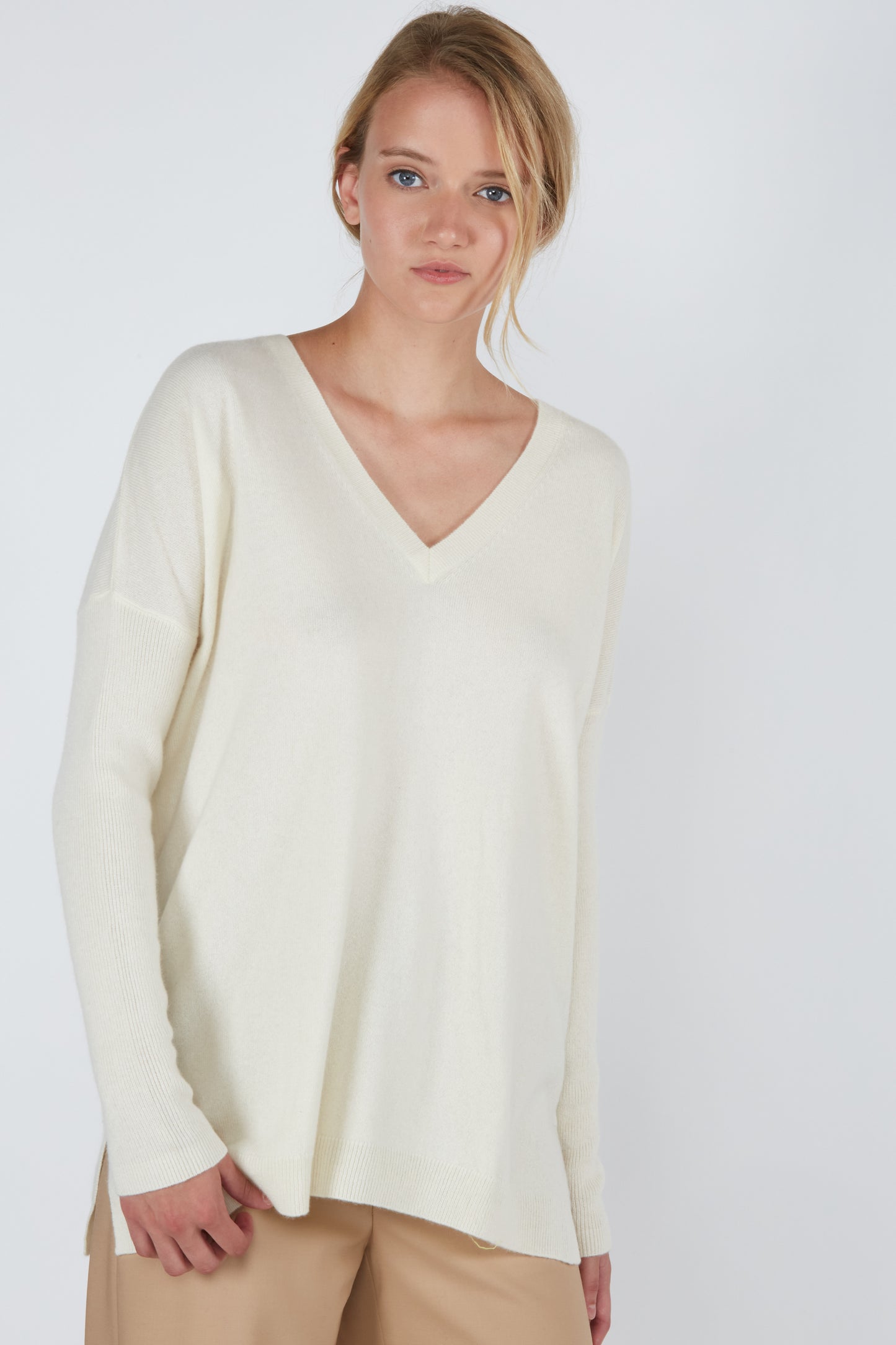 J CASHMERE Women's 100% Cashmere Slouchy Dolman Sleeve Double V Neck Sweater