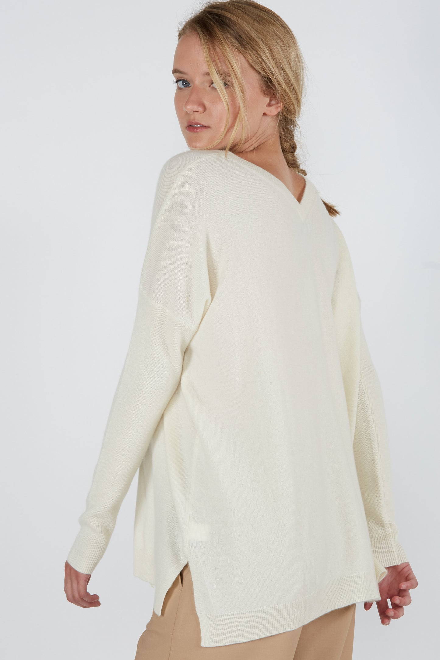 J CASHMERE Women's 100% Cashmere Slouchy Dolman Sleeve Double V Neck Sweater