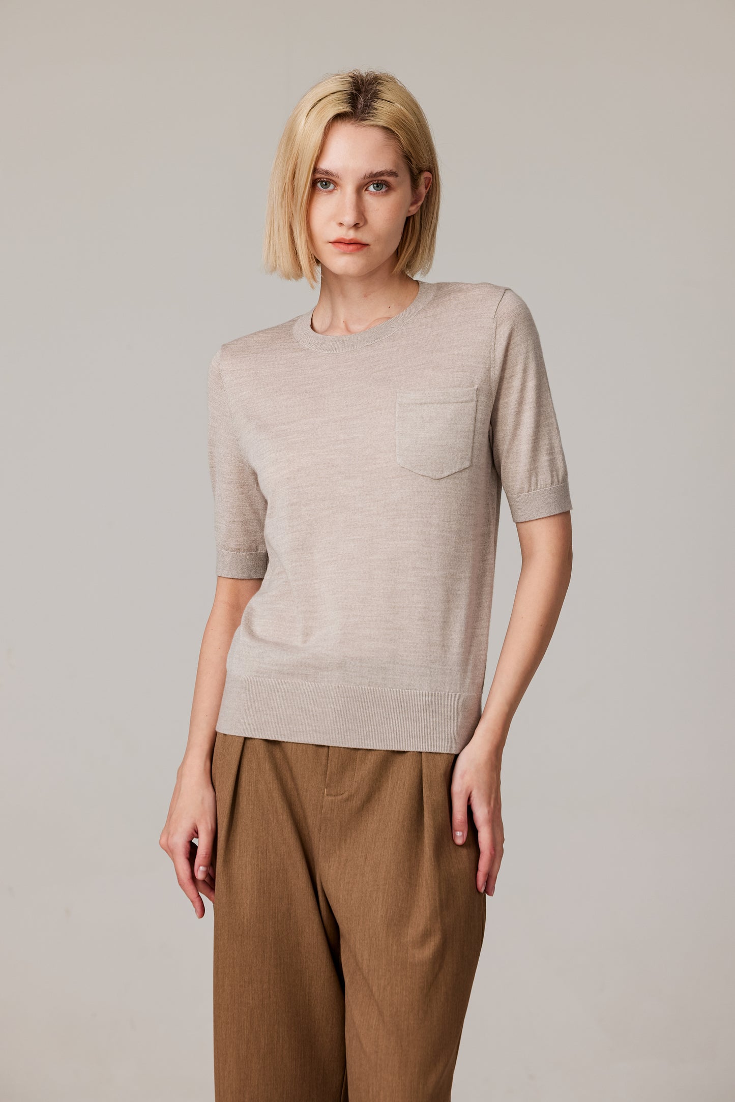 JENNIE LIU Women's Tissue Weight 75% Merino Wool 25% Silk Crew Neck Short Sleeve T Shirt Sweater | Ultra Soft Machine-Washable Sweaters for Women