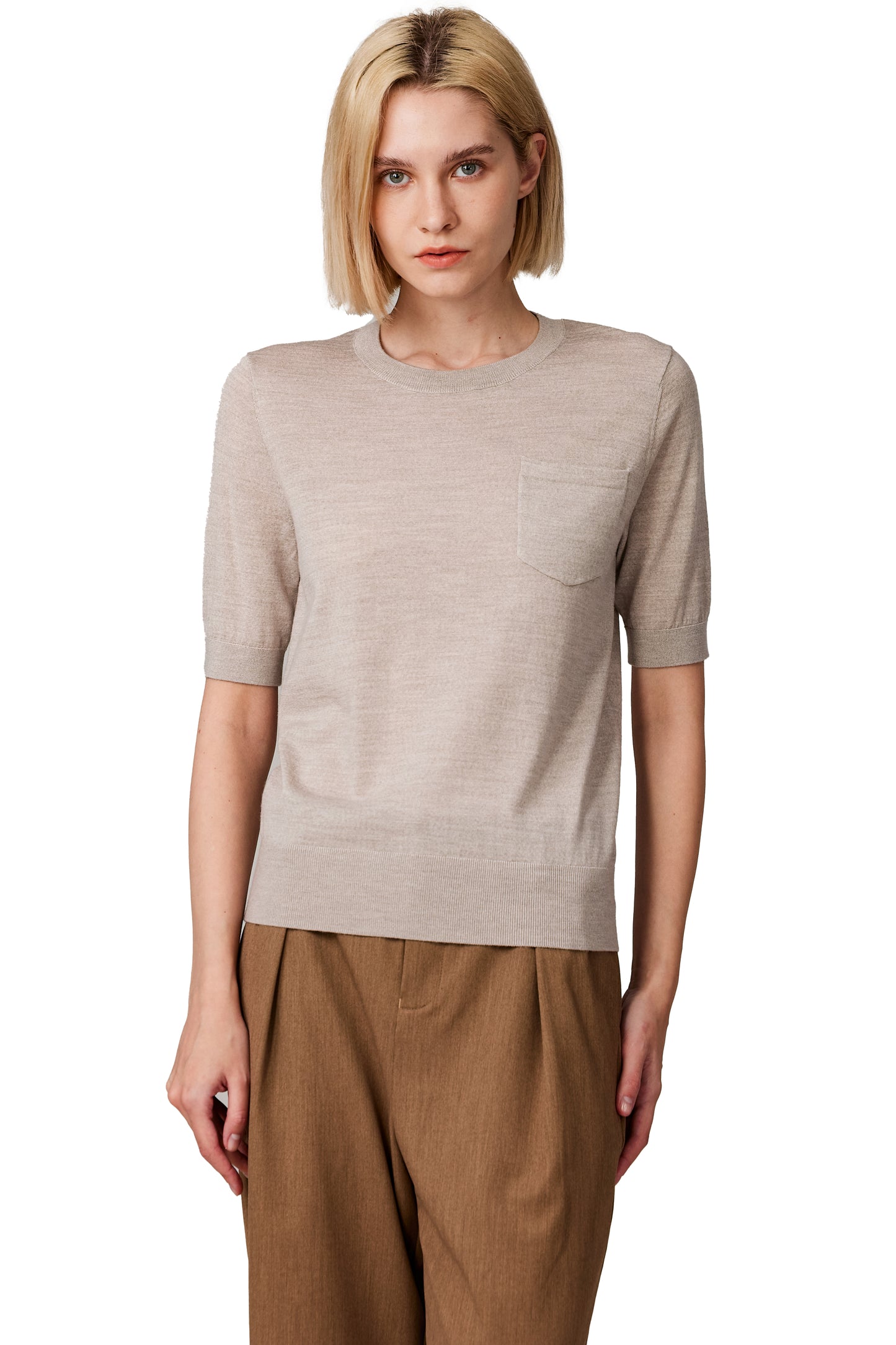 JENNIE LIU Women's Tissue Weight 75% Merino Wool 25% Silk Crew Neck Short Sleeve T Shirt Sweater | Ultra Soft Machine-Washable Sweaters for Women