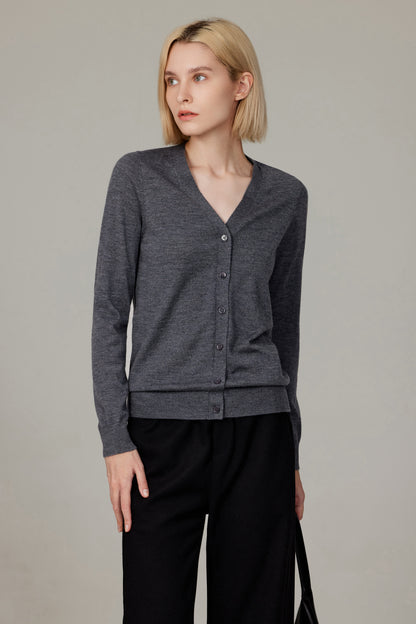 Women's Merino Wool V-Neck Cardigan in Charcoal by JENNIE LIU