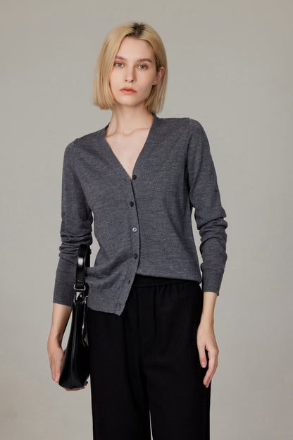 Women's Merino Wool V-Neck Cardigan in Charcoal by JENNIE LIU