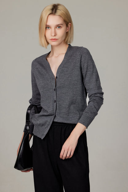 Women's Merino Wool V-Neck Cardigan in Charcoal by JENNIE LIU