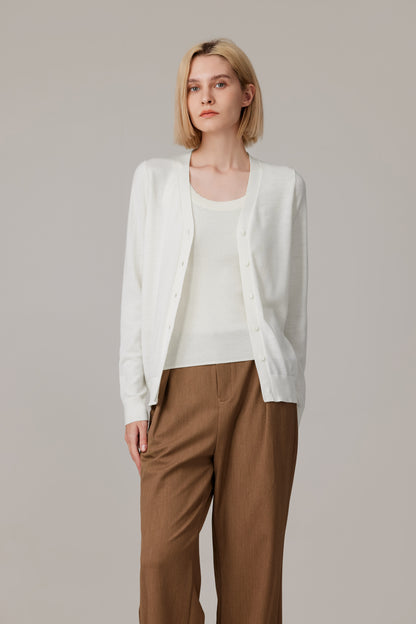 Women's Merino Wool V-Neck Cardigan in Cream by JENNIE LIU