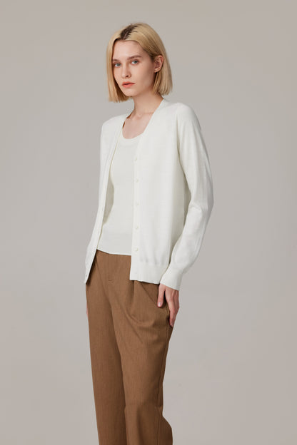Women's Merino Wool V-Neck Cardigan in Cream by JENNIE LIU
