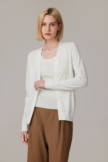 Women's Merino Wool V-Neck Cardigan in Cream by JENNIE LIU