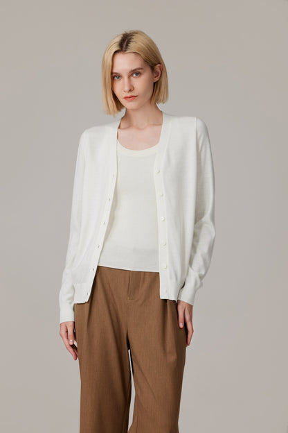 Women's Merino Wool V-Neck Cardigan in Cream by JENNIE LIU