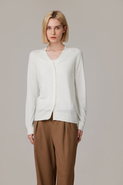 Women's Merino Wool V-Neck Cardigan in Cream by JENNIE LIU