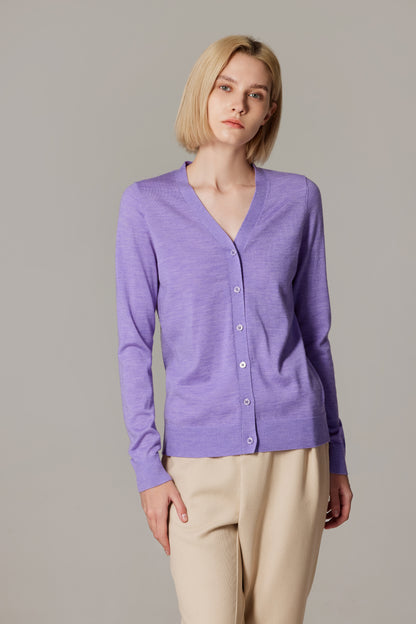 Women's Merino Wool V-Neck Cardigan in Lilac by JENNIE LIU