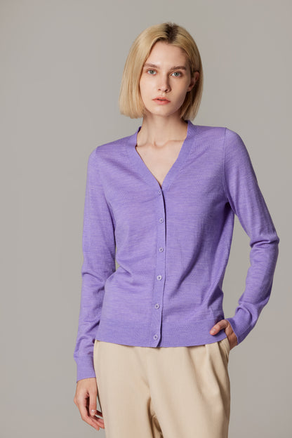 Women's Merino Wool V-Neck Cardigan in Lilac by JENNIE LIU