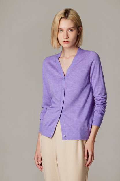 Women's Merino Wool V-Neck Cardigan in Lilac by JENNIE LIU