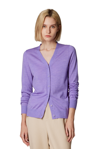 Women's Merino Wool V-Neck Cardigan in Lilac, front view by JENNIE LIU