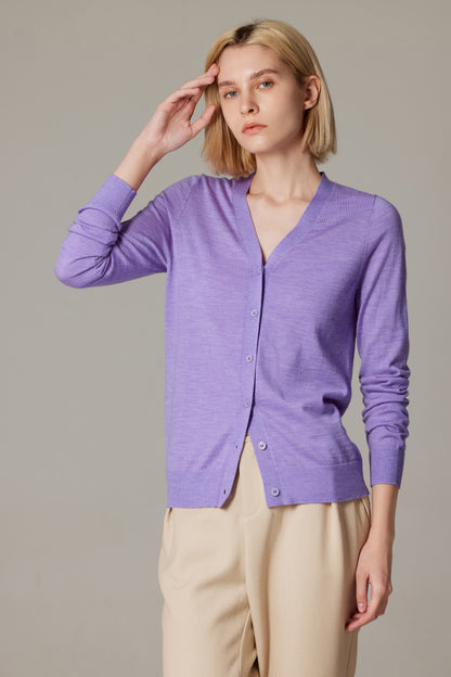 Women's Merino Wool V-Neck Cardigan in Lilac by JENNIE LIU