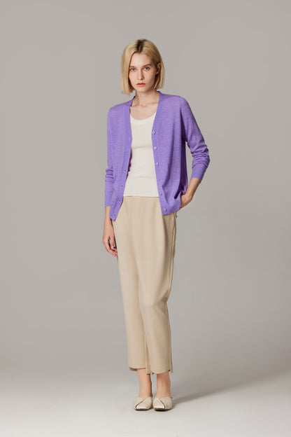 Women's Merino Wool V-Neck Cardigan in Lilac by JENNIE LIU
