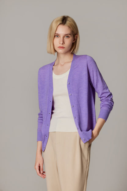Women's Merino Wool V-Neck Cardigan in Lilac by JENNIE LIU