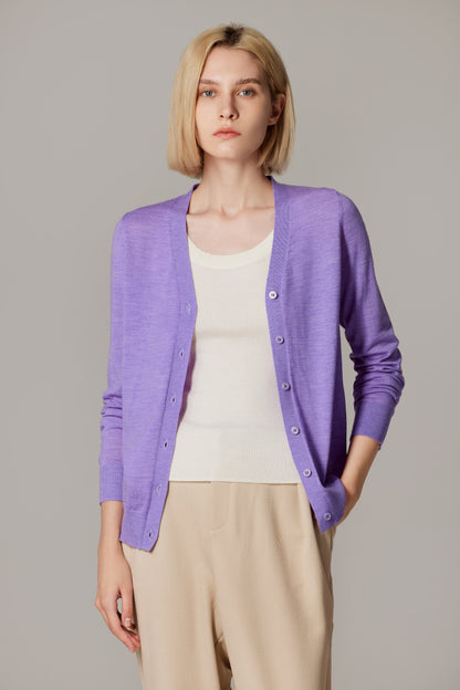 Women's Merino Wool V-Neck Cardigan in Lilac by JENNIE LIU