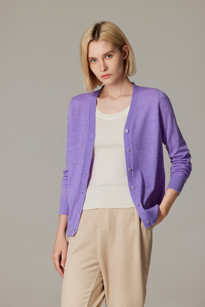 Women's Merino Wool V-Neck Cardigan in Lilac by JENNIE LIU