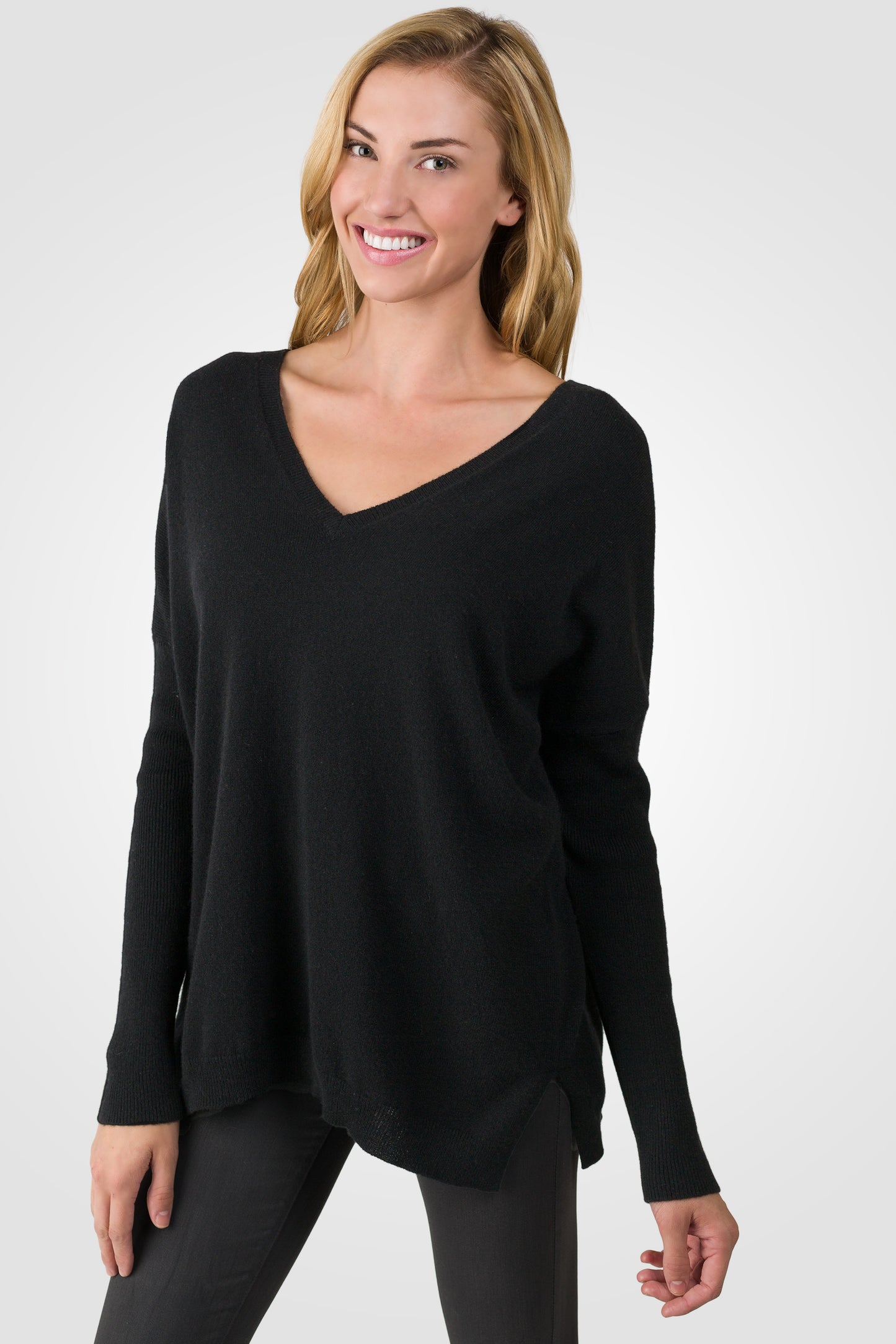 J CASHMERE Women's 100% Cashmere Slouchy Dolman Sleeve Double V Neck Sweater