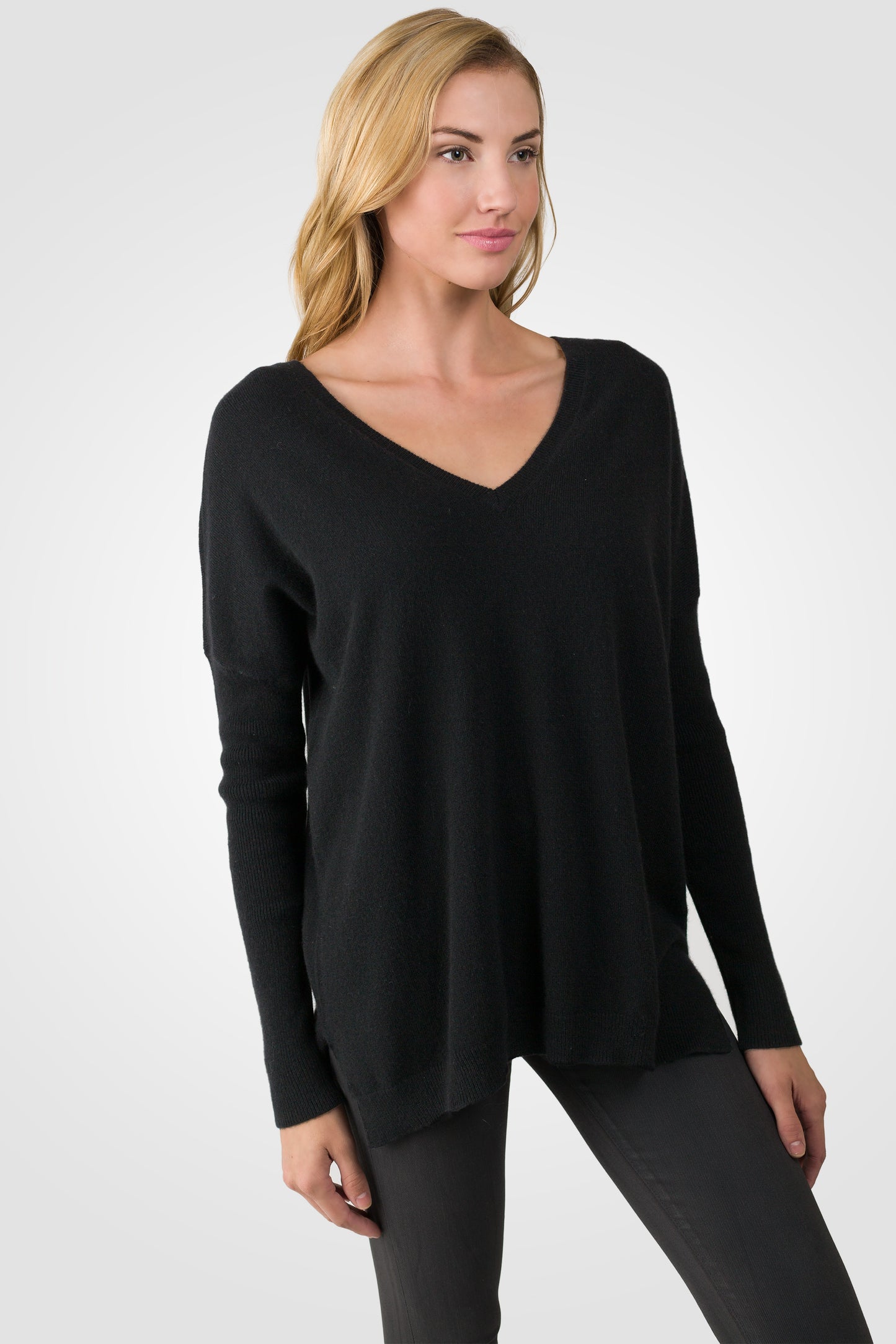 J CASHMERE Women's 100% Cashmere Slouchy Dolman Sleeve Double V Neck Sweater