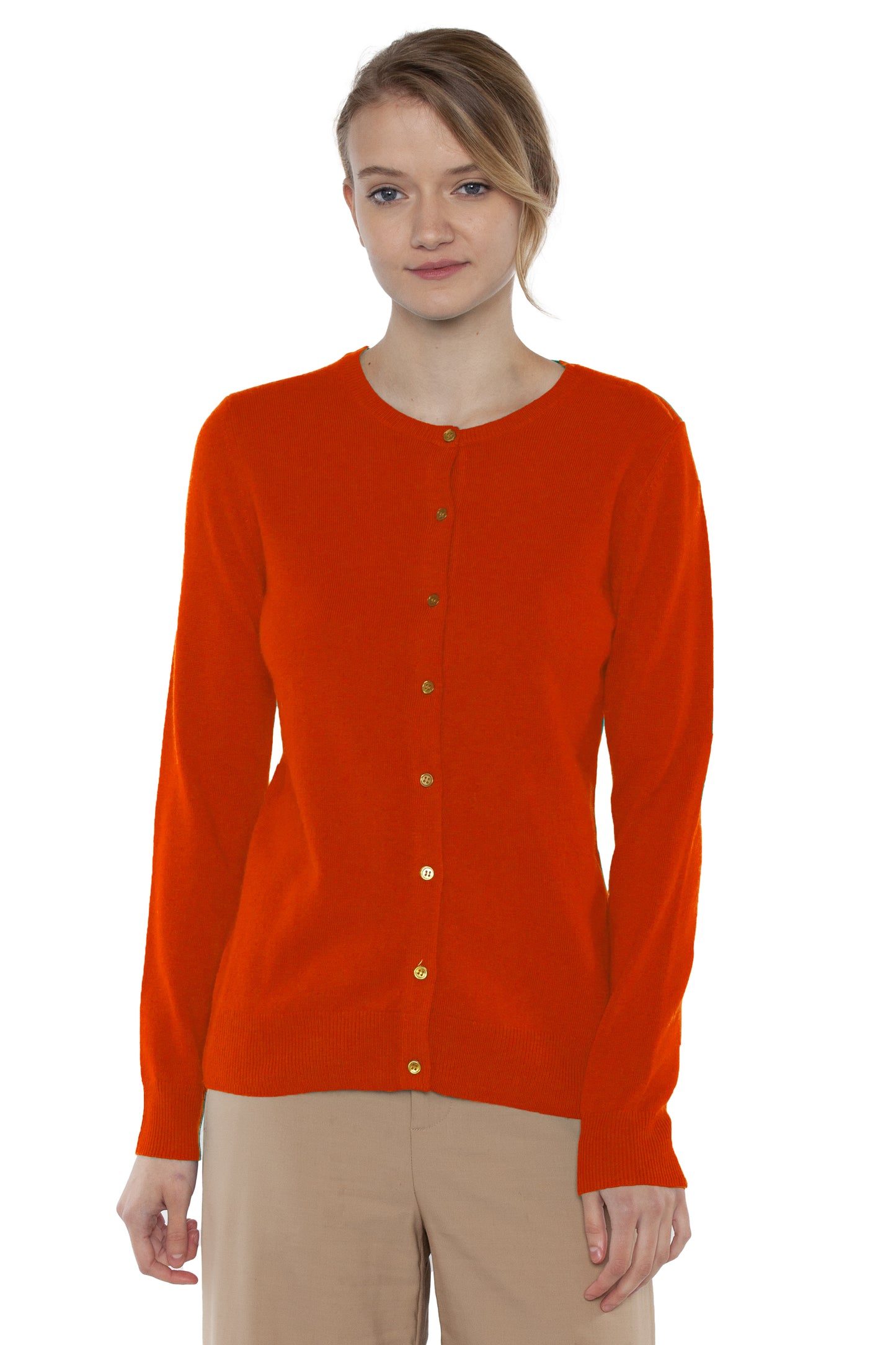 JENNIE LIU Women's 100% Cashmere Button Front Long Sleeve Crewneck Cardigan Sweater (1575)