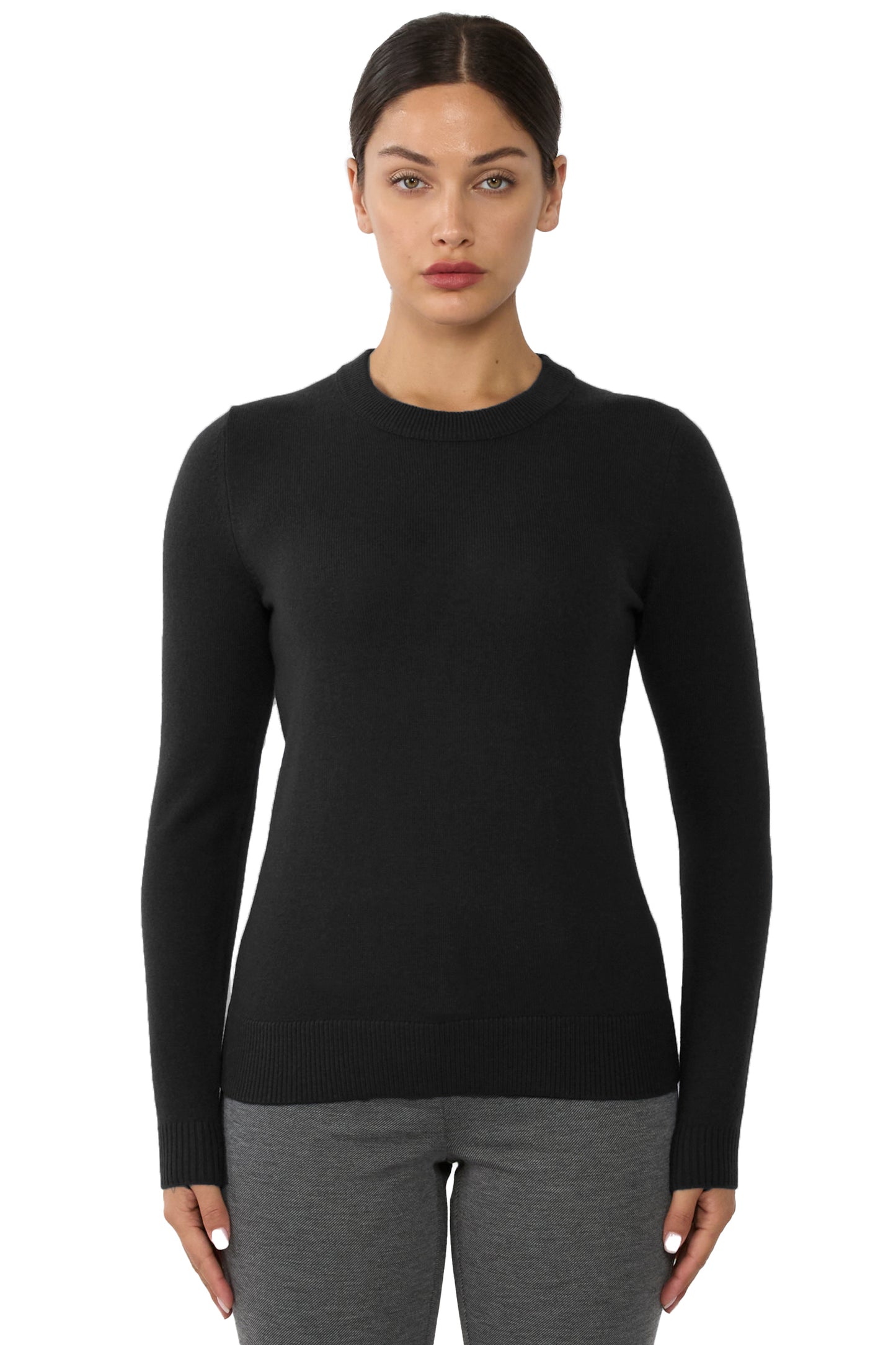 JENNIE LIU Women's 100% Pure Cashmere Long Sleeve Crew Neck Sweater