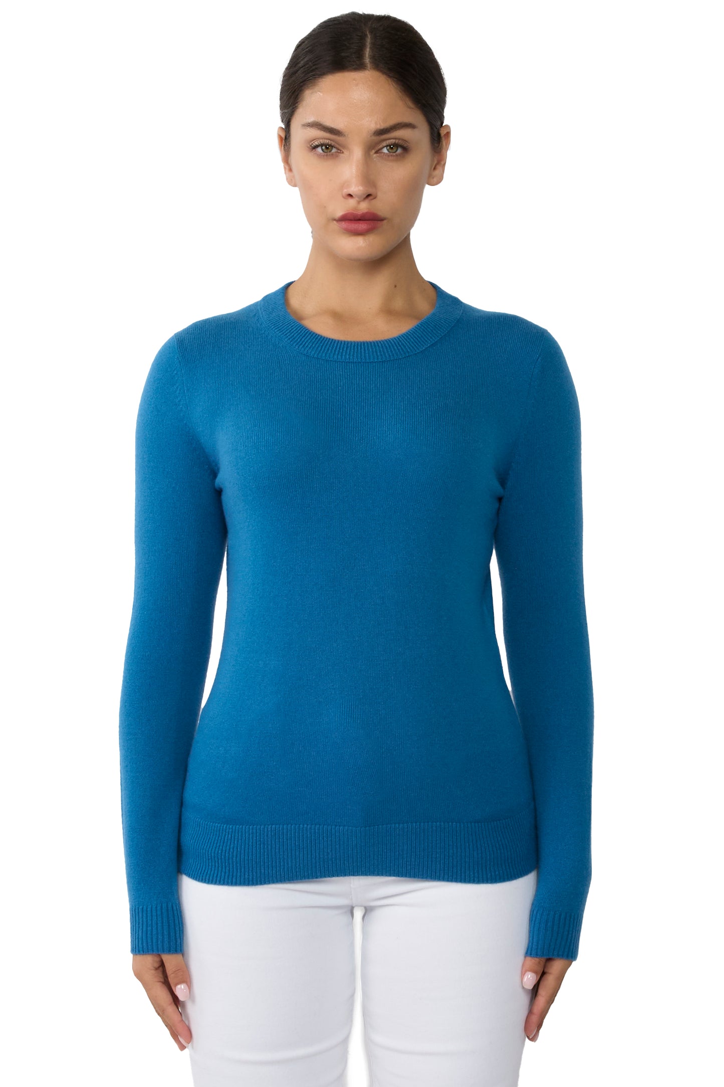 JENNIE LIU Women's 100% Pure Cashmere Long Sleeve Crew Neck Sweater
