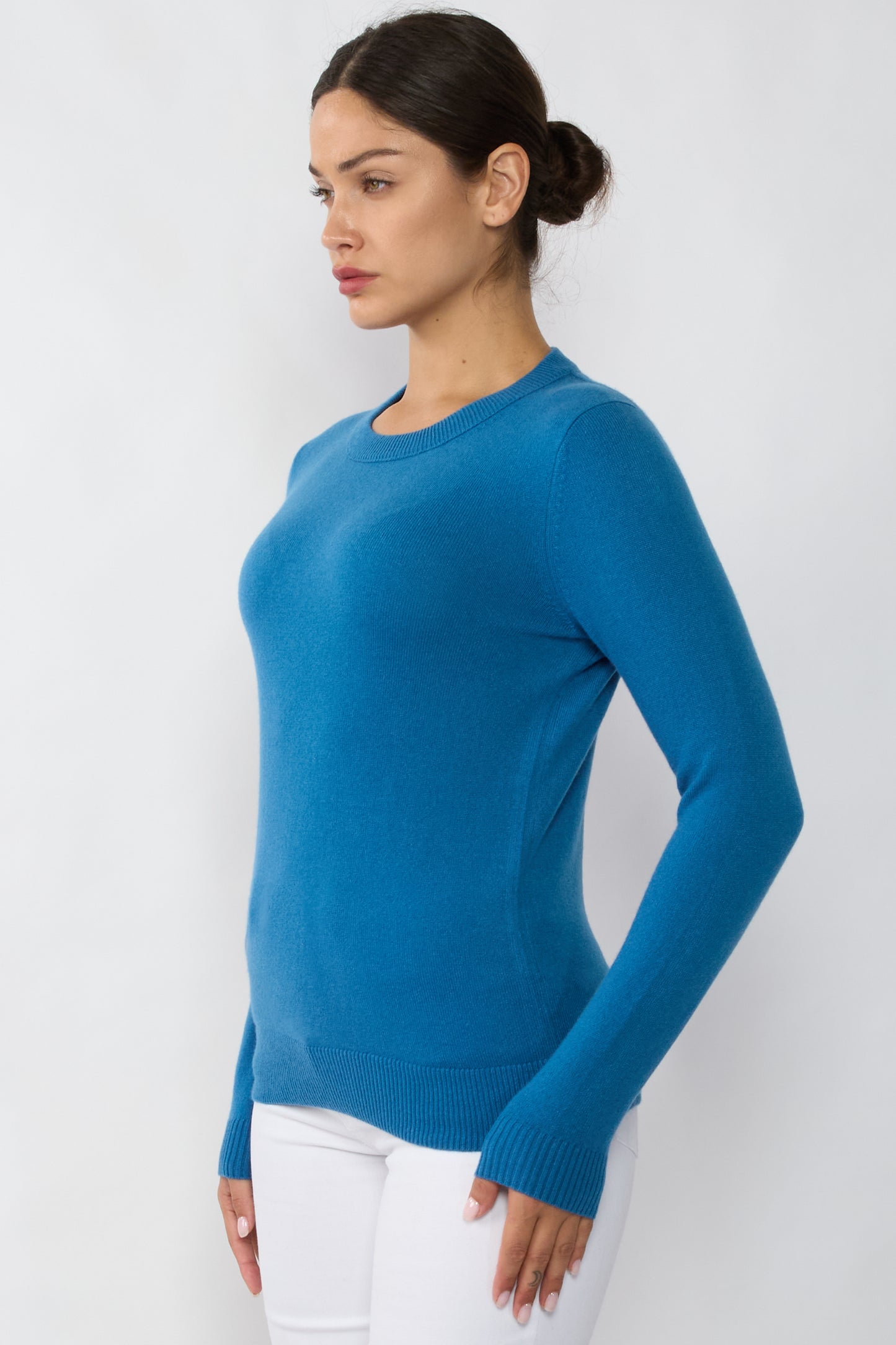 JENNIE LIU Women's 100% Pure Cashmere Long Sleeve Crew Neck Sweater