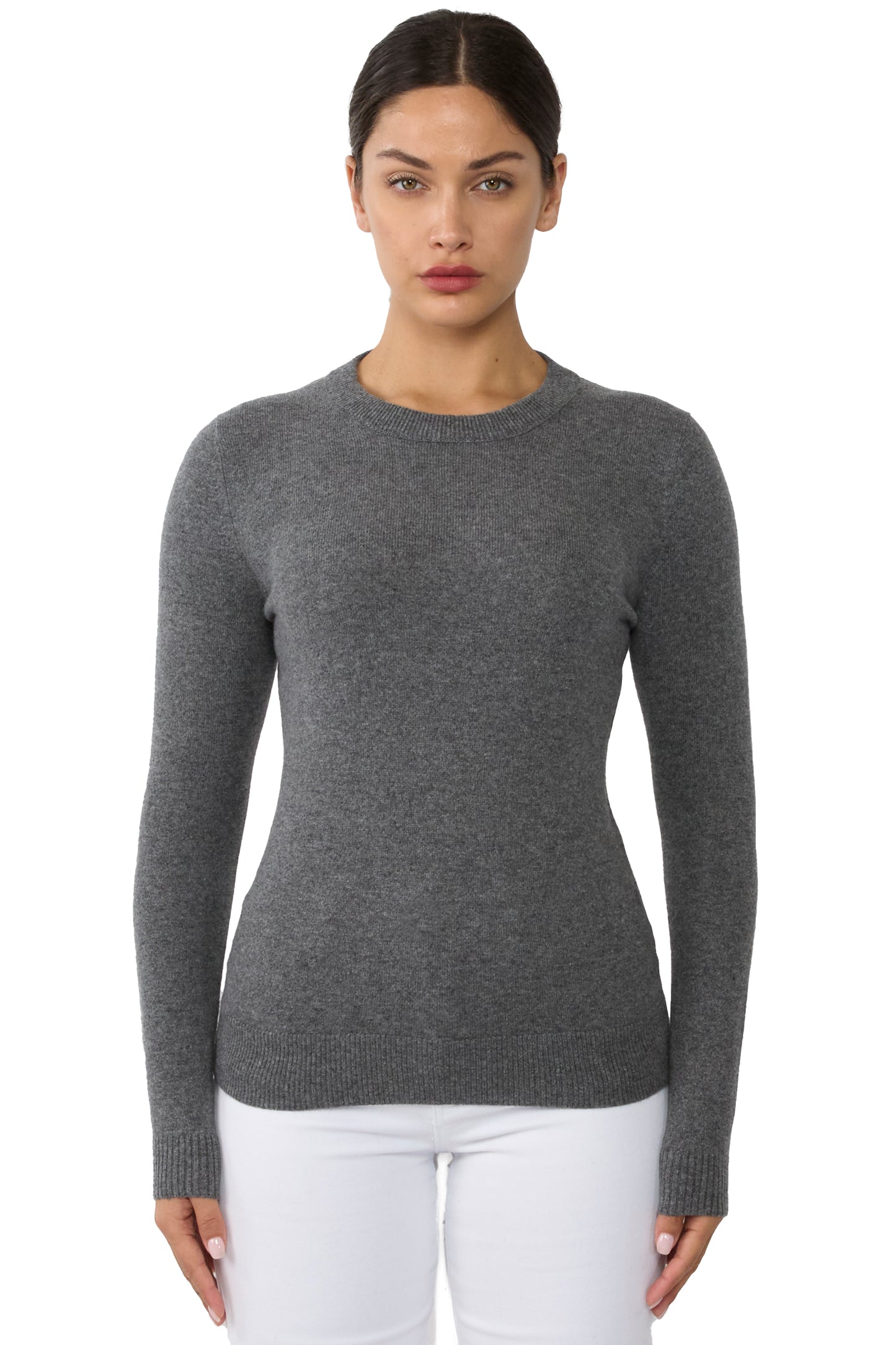 JENNIE LIU Women's 100% Pure Cashmere Long Sleeve Crew Neck Sweater
