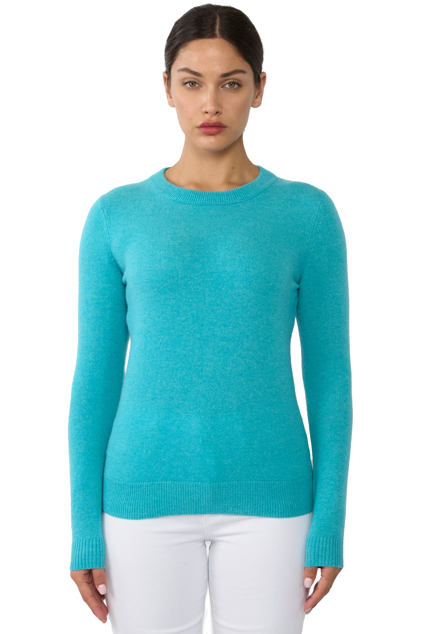 JENNIE LIU Women's 100% Pure Cashmere Long Sleeve Crew Neck Sweater