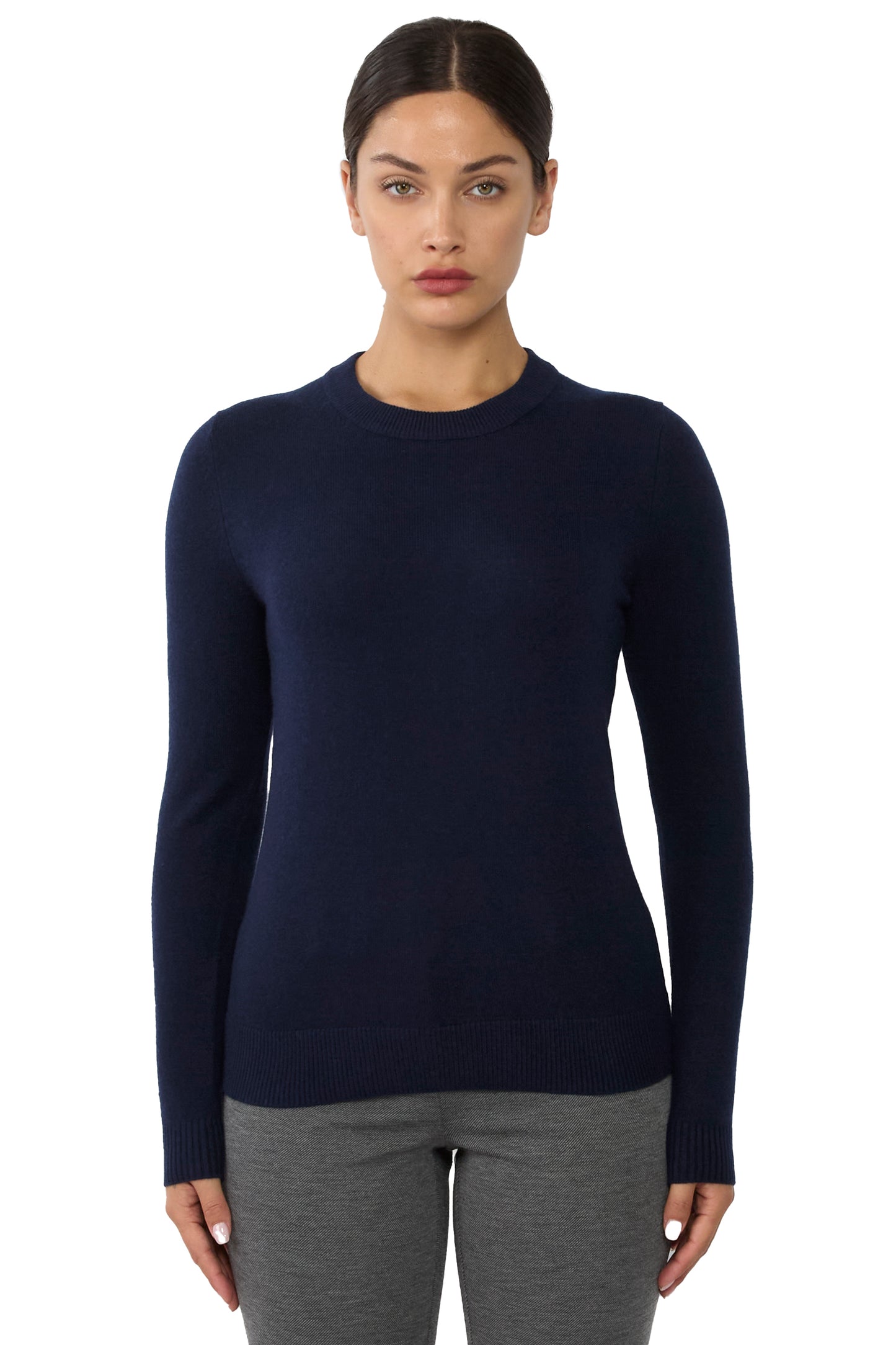 JENNIE LIU Women's 100% Pure Cashmere Long Sleeve Crew Neck Sweater