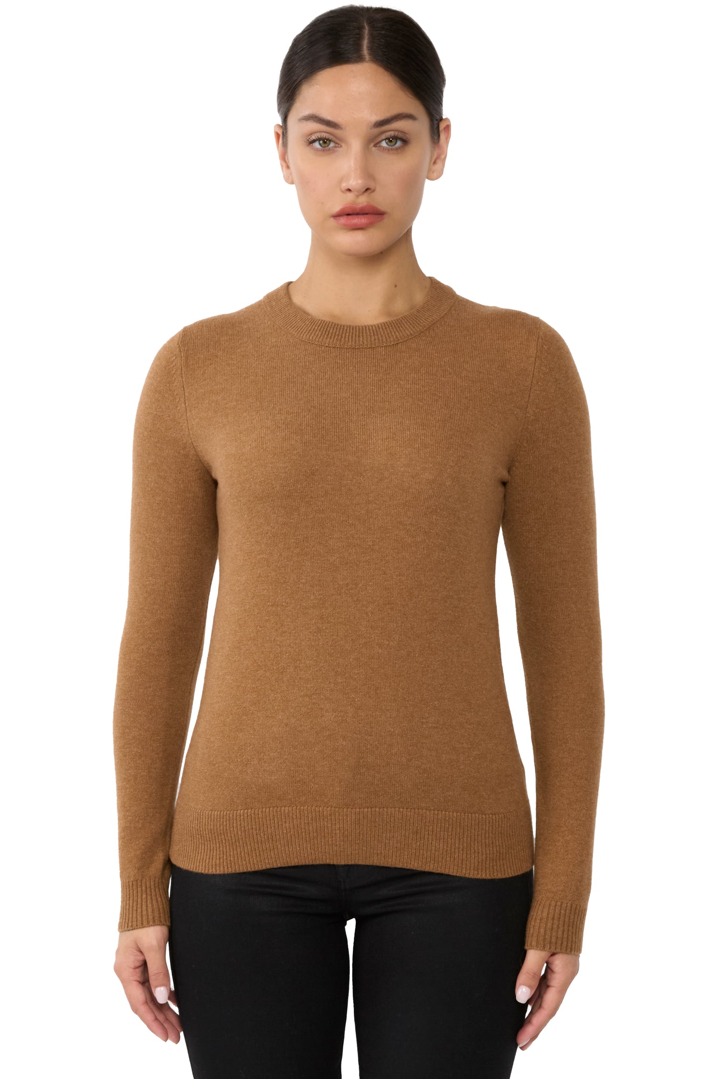 JENNIE LIU Women's 100% Pure Cashmere Long Sleeve Crew Neck Sweater