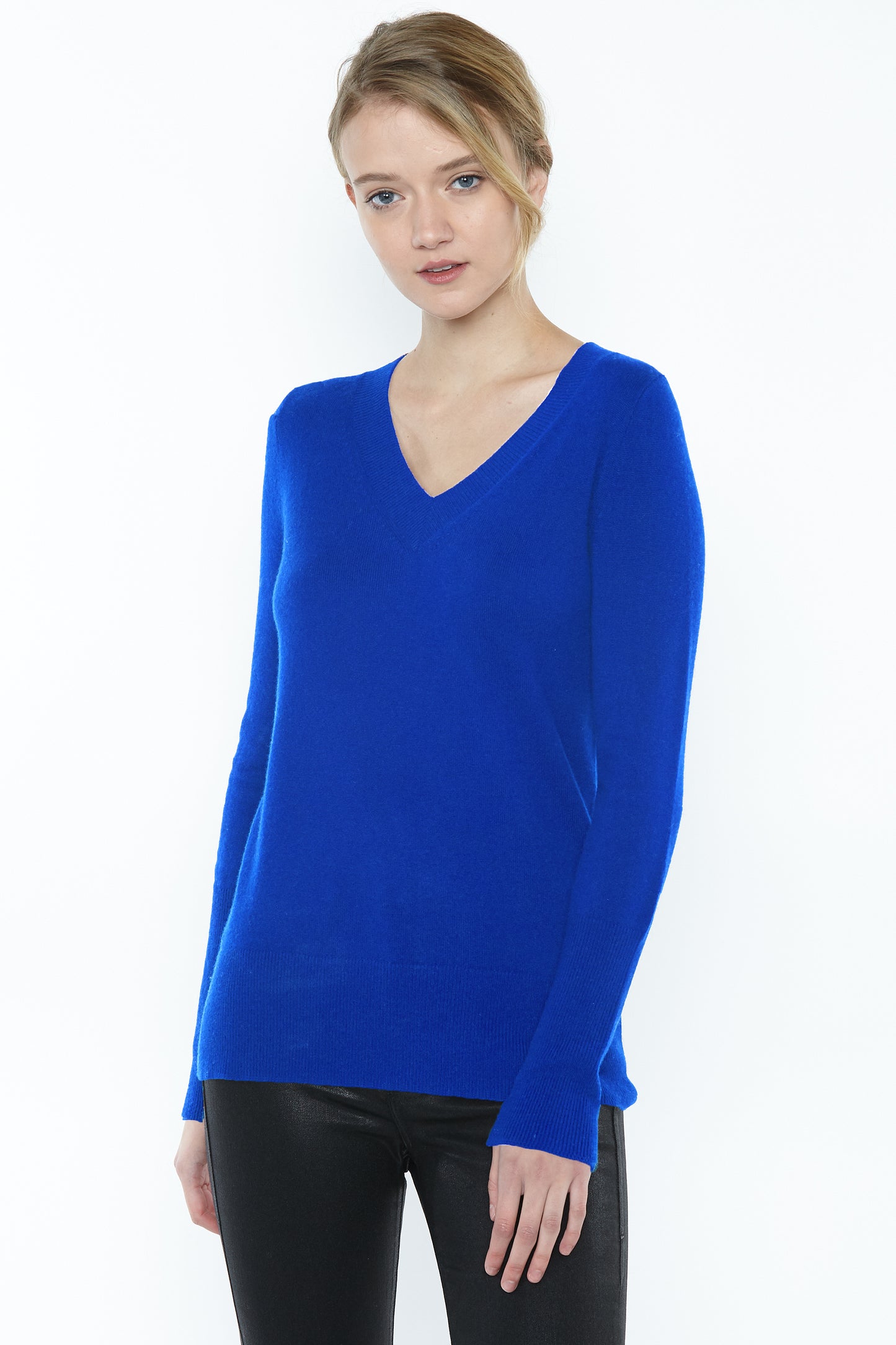 JENNIE LIU Women's 100% Pure Cashmere Long Sleeve Ava V Neck Pullover Sweater