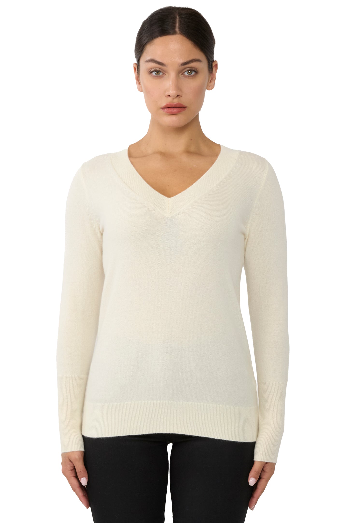 JENNIE LIU Women's 100% Pure Cashmere Long Sleeve Ava V Neck Pullover Sweater
