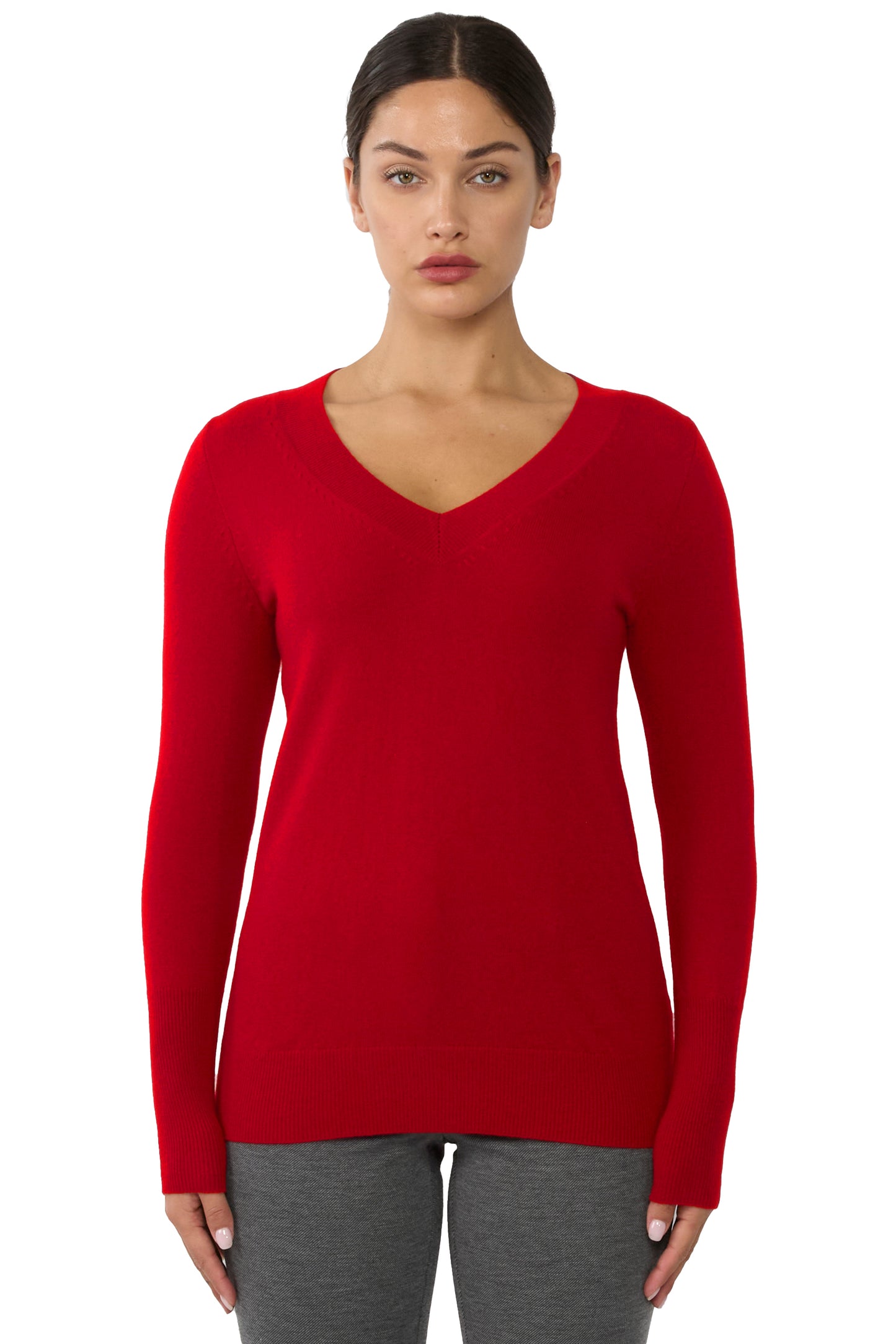 JENNIE LIU Women's 100% Pure Cashmere Long Sleeve Ava V Neck Pullover Sweater