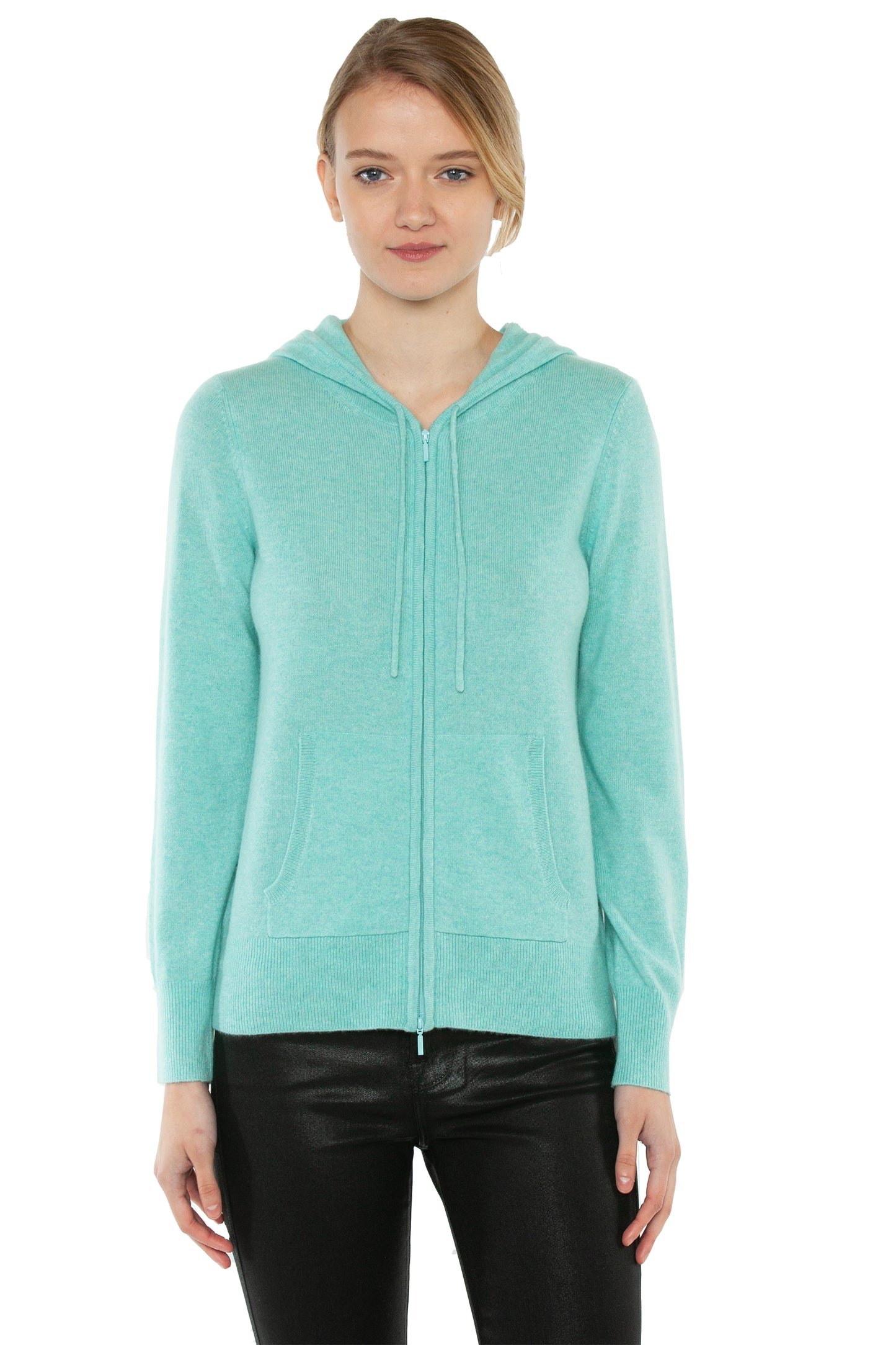 JENNIE LIU Women's 100% Pure Cashmere Long Sleeve Zip Hoodie Cardigan Sweater