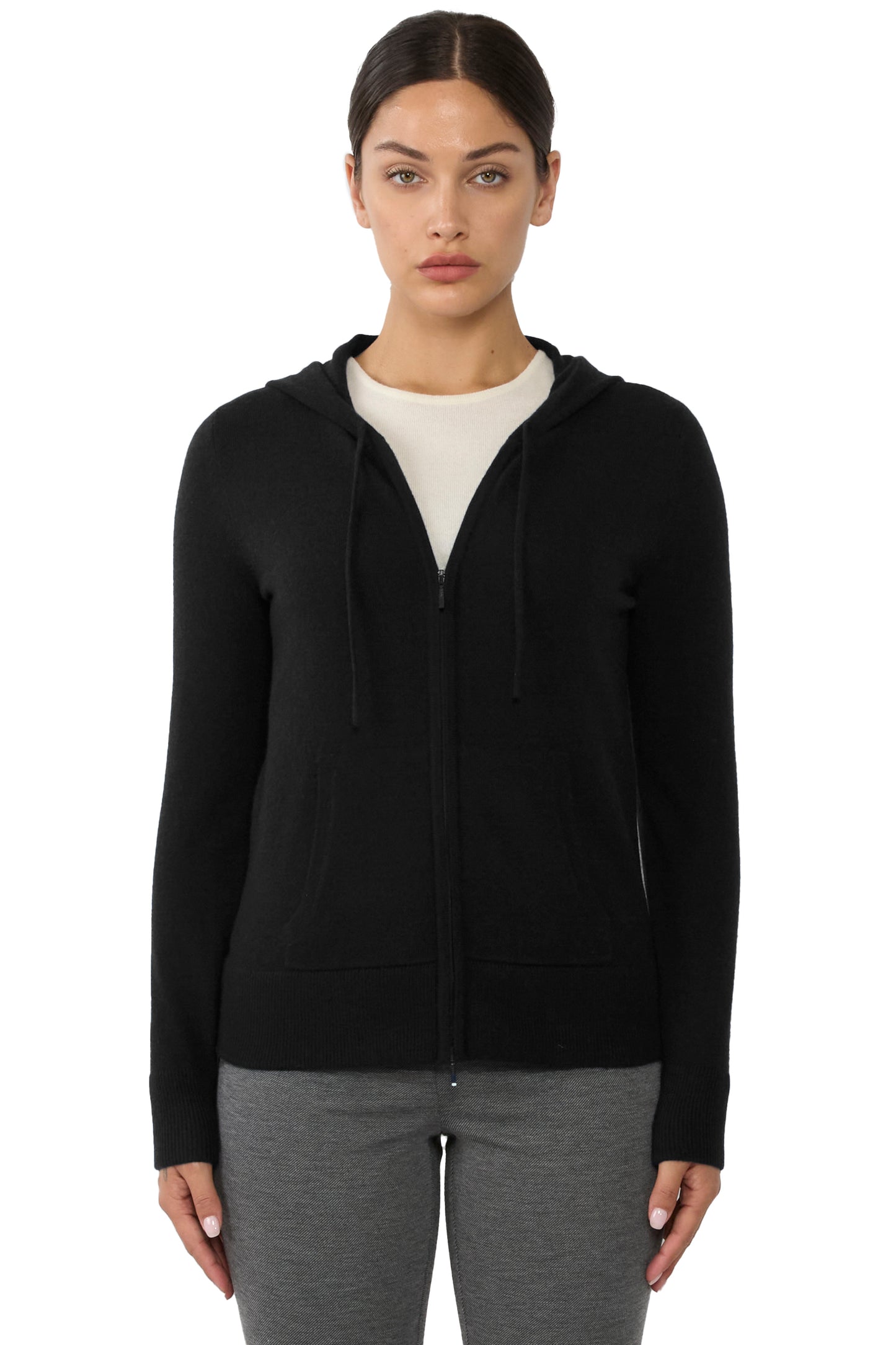 JENNIE LIU Women's 100% Pure Cashmere Long Sleeve Zip Hoodie Cardigan Sweater