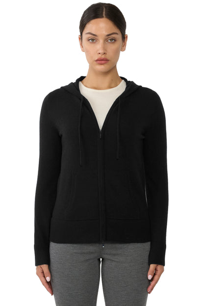 Women's Cashmere Zip Hoodie in Black, front view by JENNIE LIU
