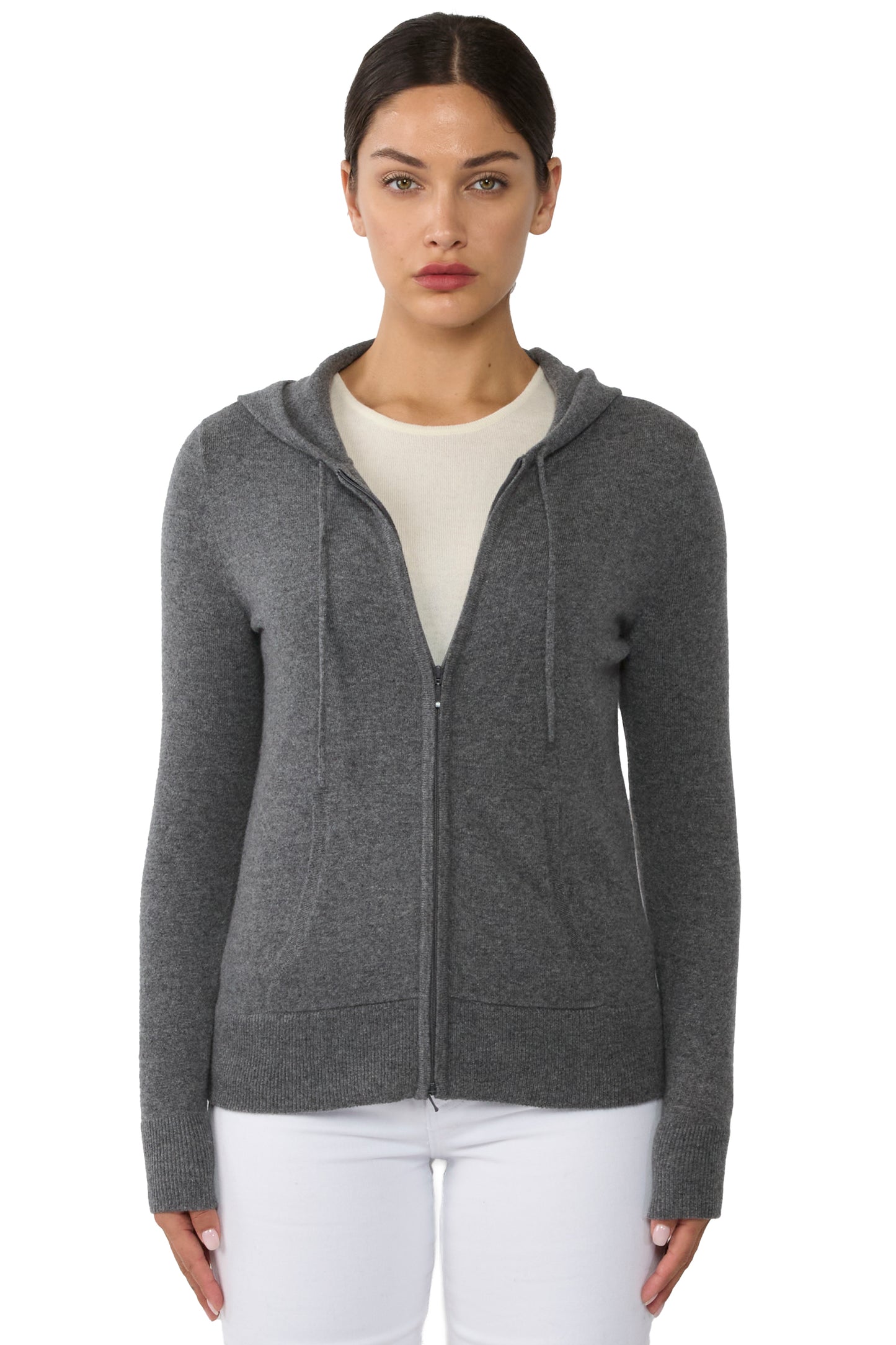 JENNIE LIU Women's 100% Pure Cashmere Long Sleeve Zip Hoodie Cardigan Sweater