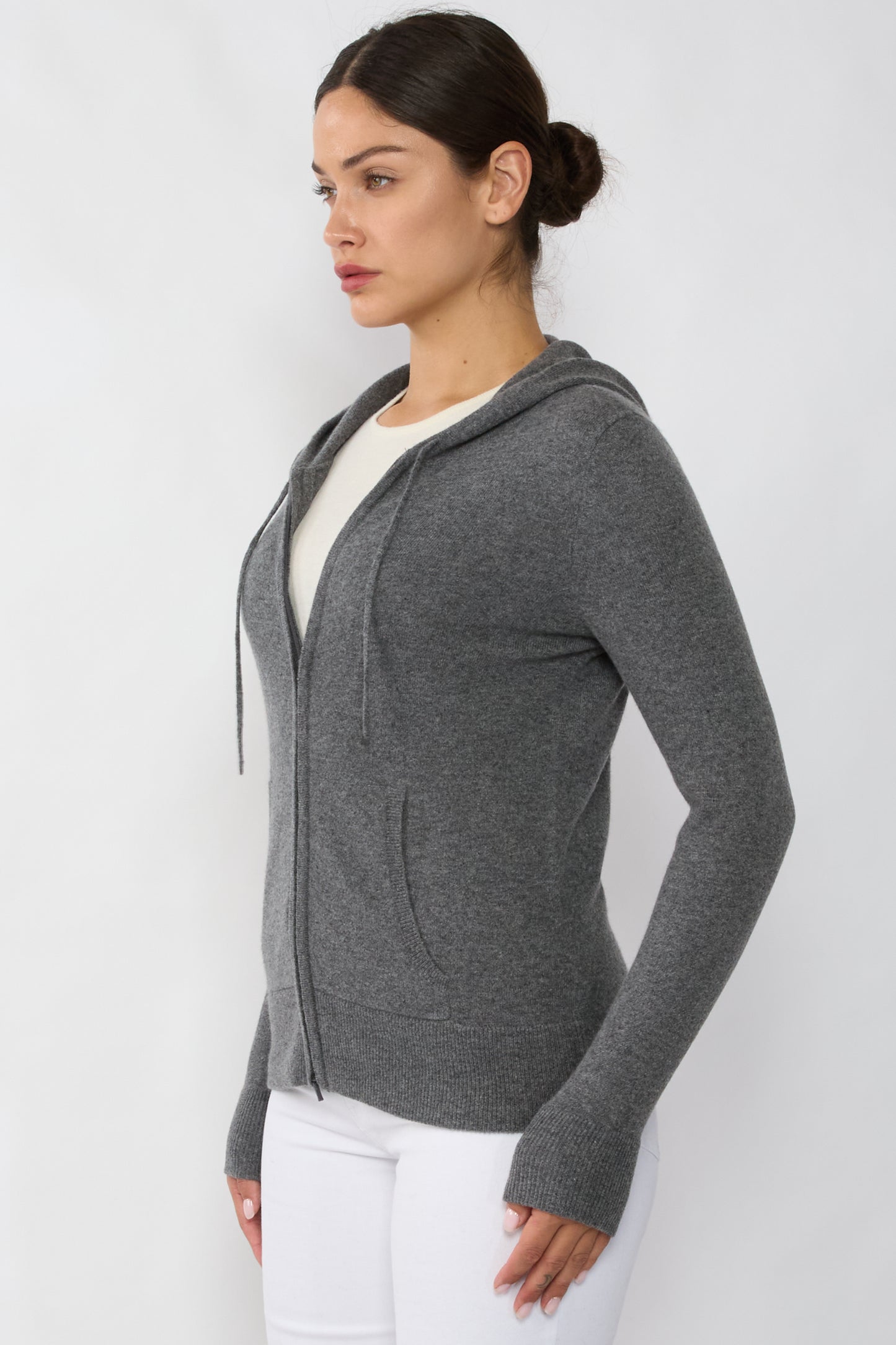 JENNIE LIU Women's 100% Pure Cashmere Long Sleeve Zip Hoodie Cardigan Sweater