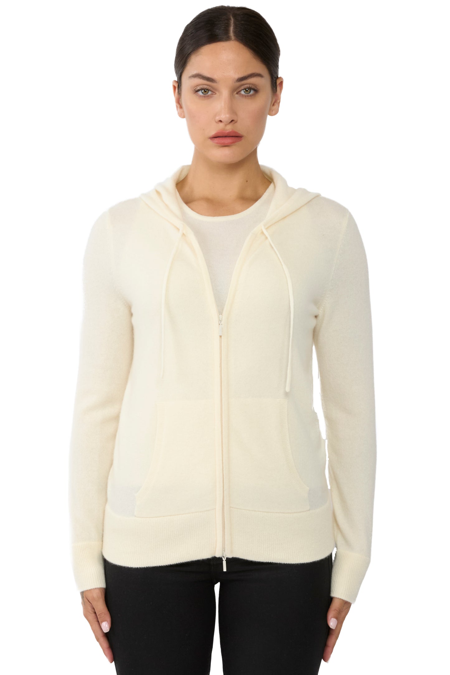 JENNIE LIU Women's 100% Pure Cashmere Long Sleeve Zip Hoodie Cardigan Sweater