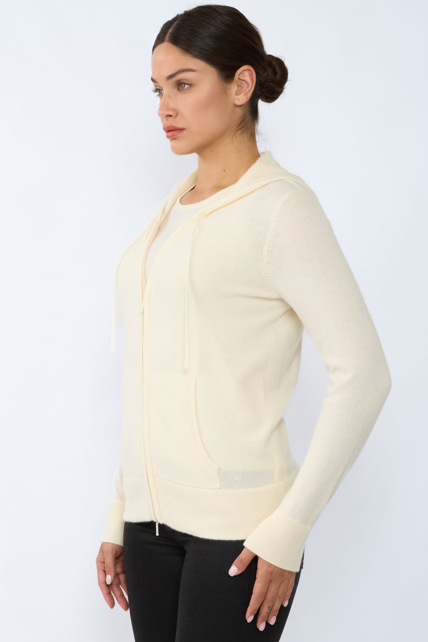 JENNIE LIU Women's 100% Pure Cashmere Long Sleeve Zip Hoodie Cardigan Sweater
