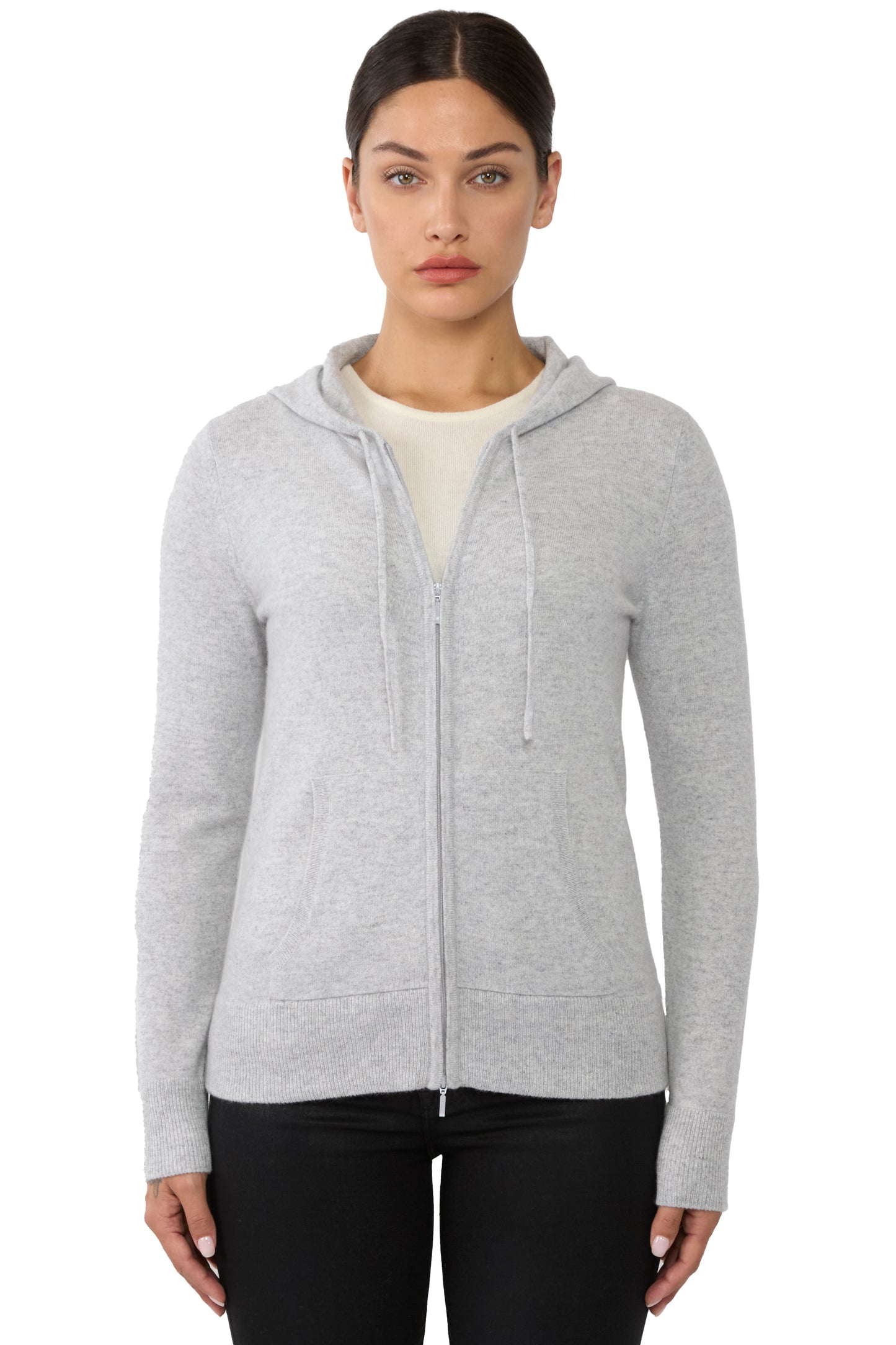 JENNIE LIU Women's 100% Pure Cashmere Long Sleeve Zip Hoodie Cardigan Sweater