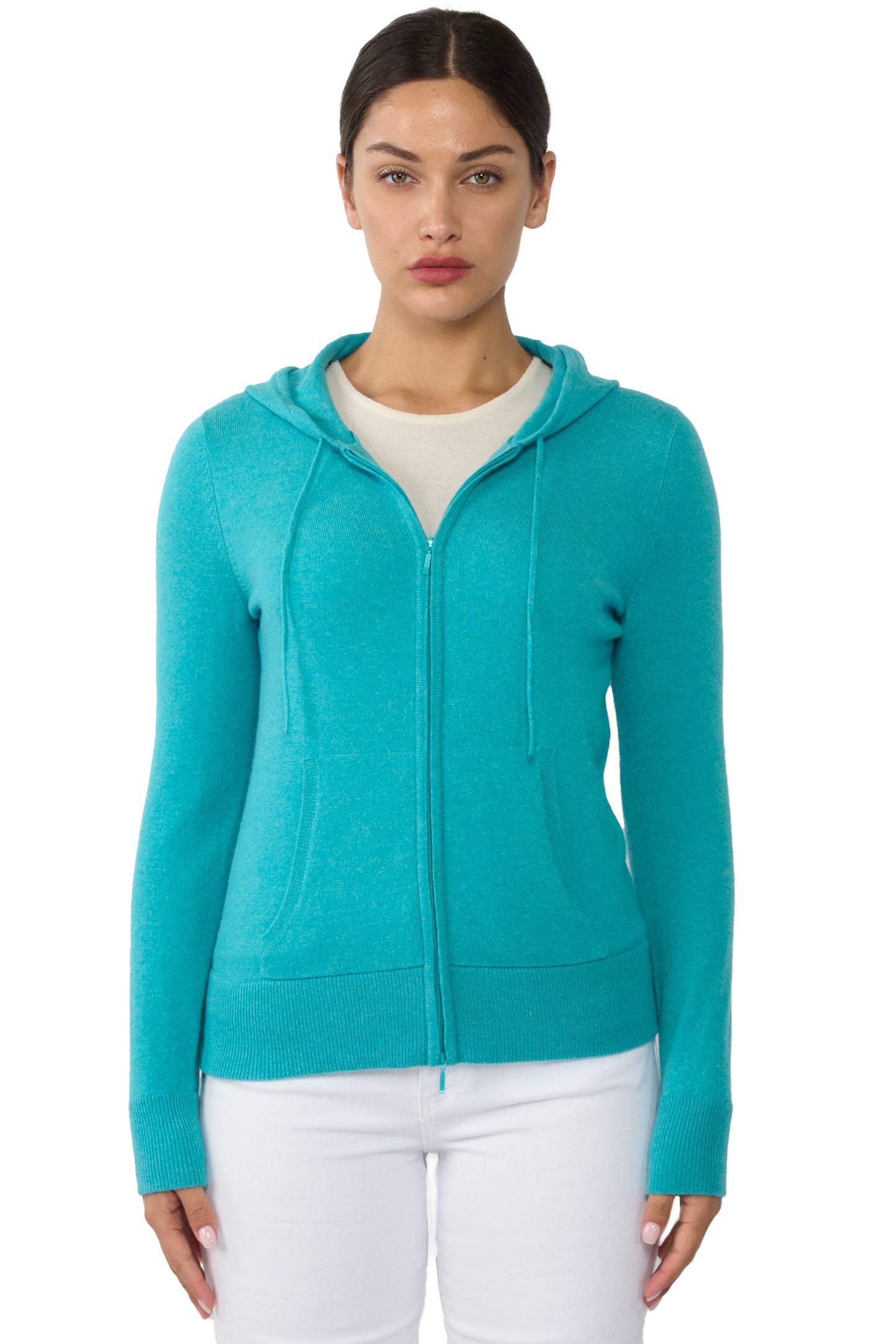 JENNIE LIU Women's 100% Pure Cashmere Long Sleeve Zip Hoodie Cardigan Sweater