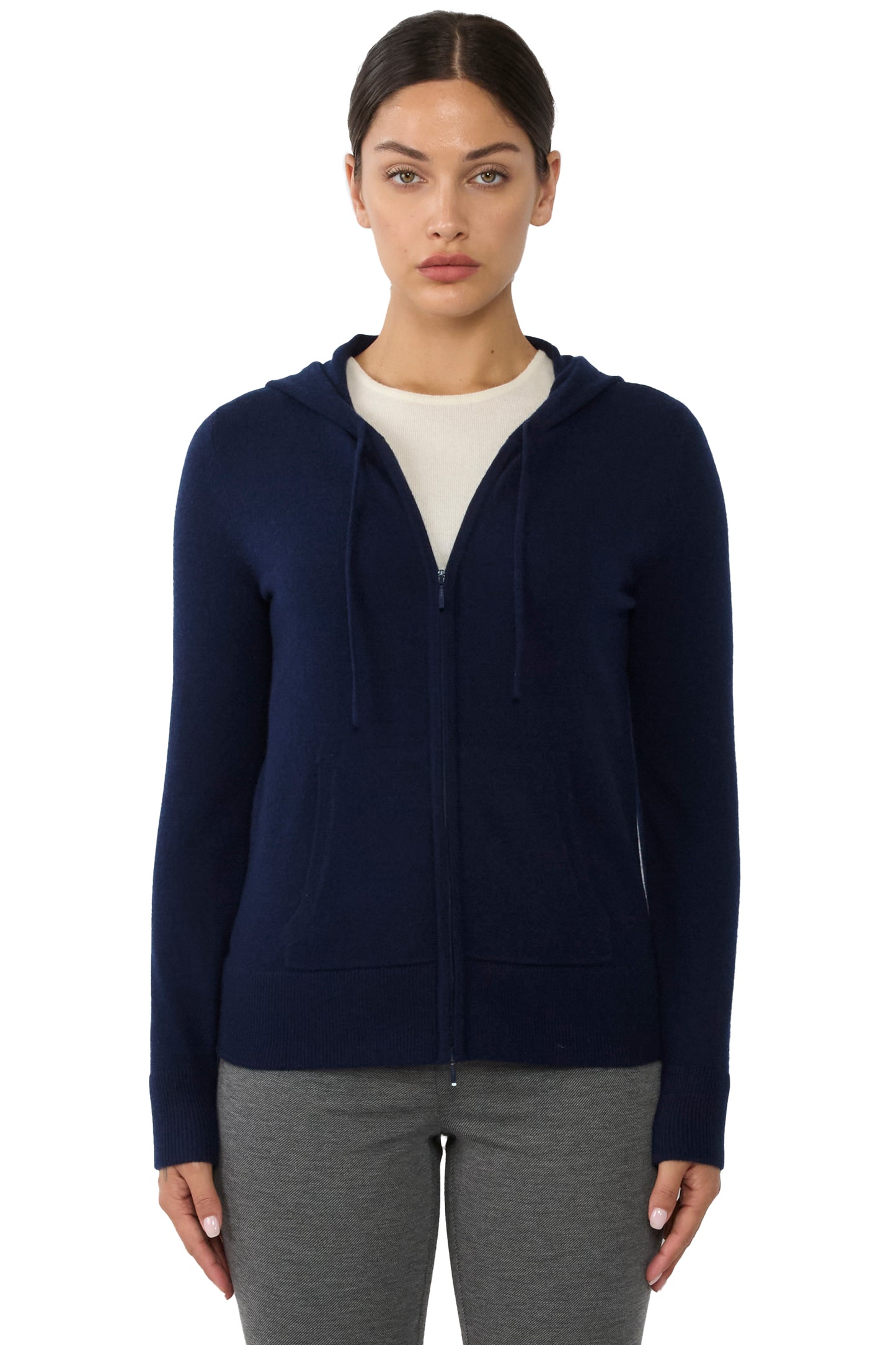 JENNIE LIU Women's 100% Pure Cashmere Long Sleeve Zip Hoodie Cardigan Sweater