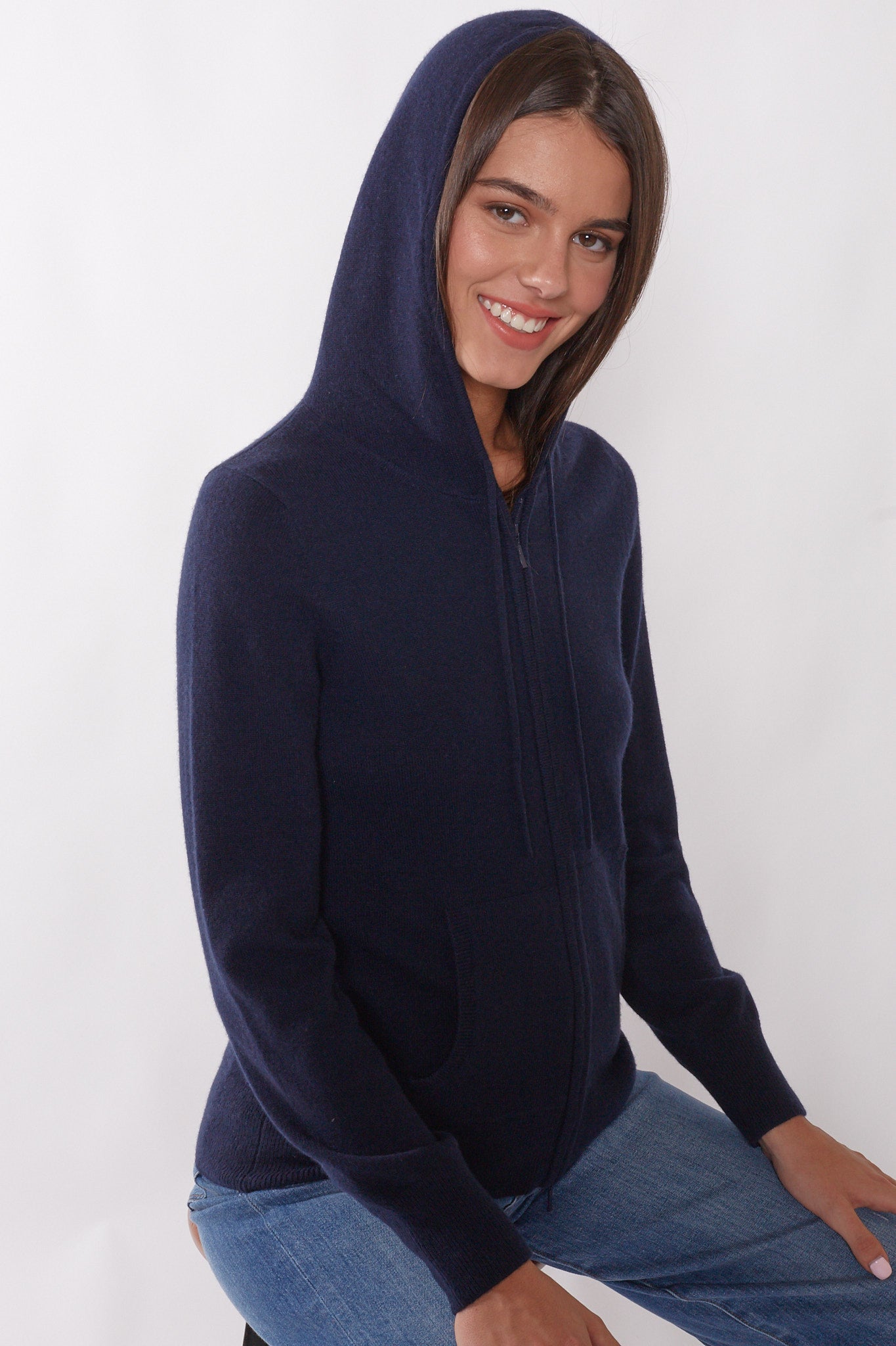 JENNIE LIU Women's 100% Pure Cashmere Long Sleeve Zip Hoodie Cardigan Sweater