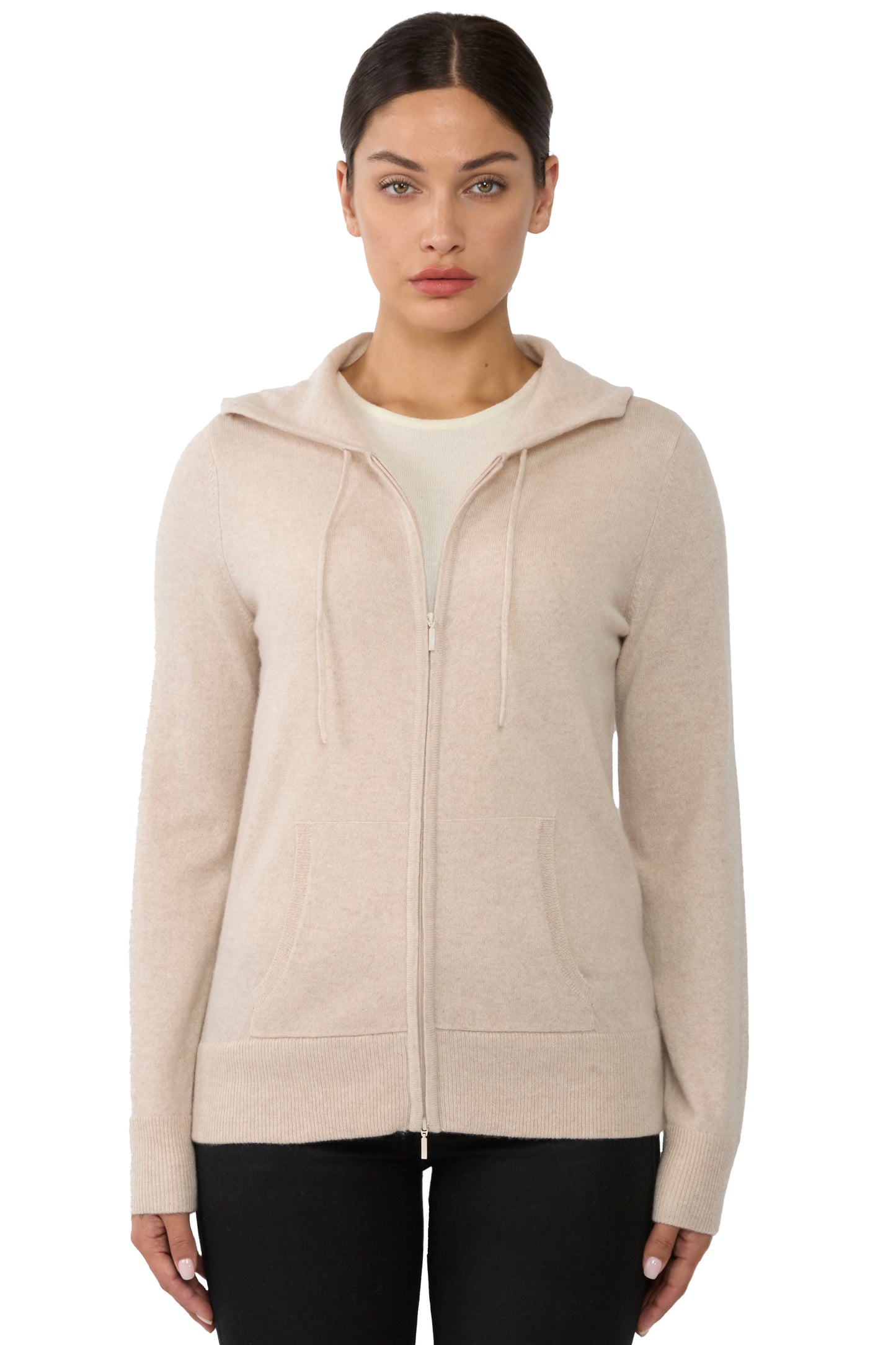 JENNIE LIU Women's 100% Pure Cashmere Long Sleeve Zip Hoodie Cardigan Sweater