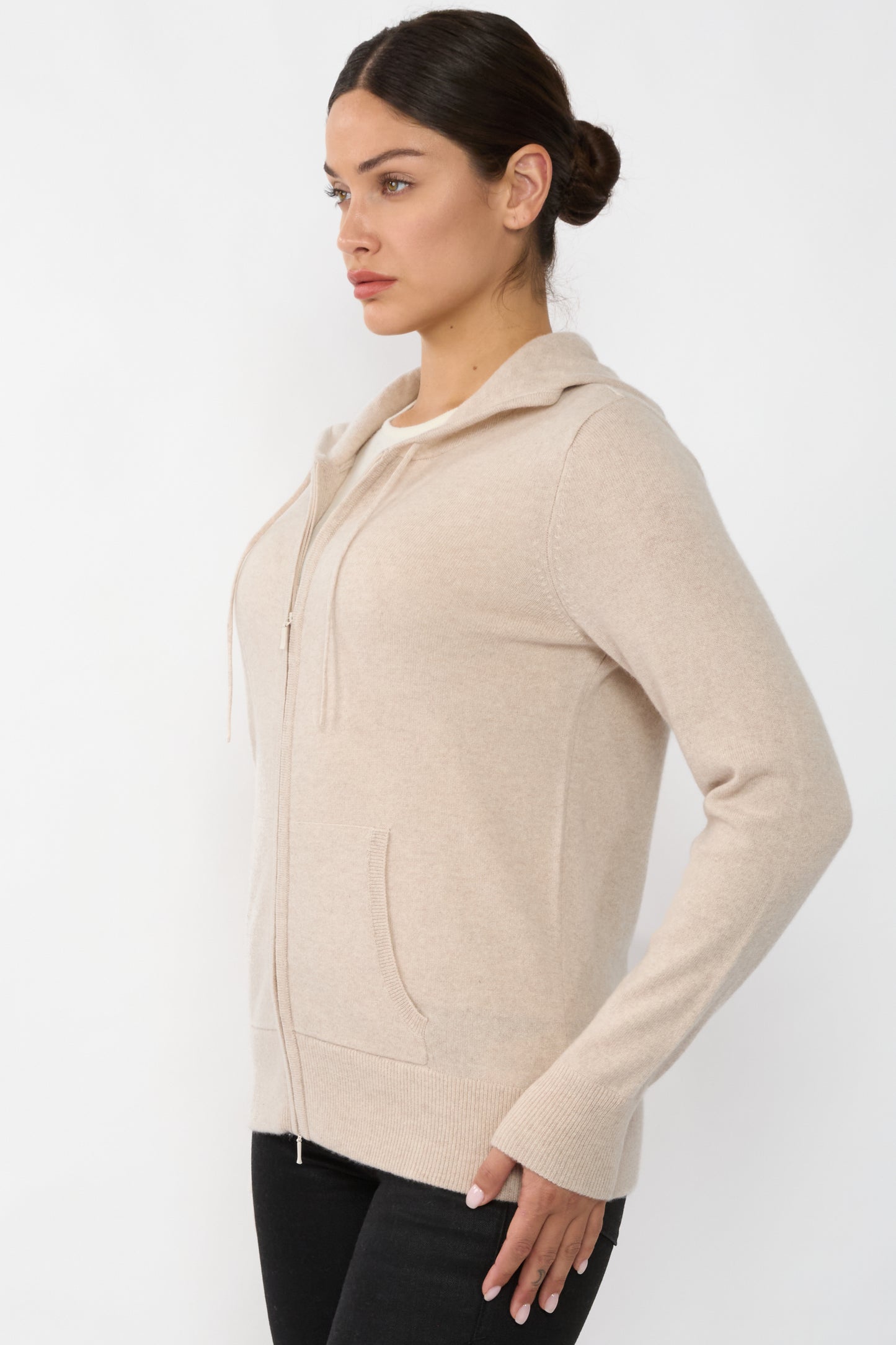 JENNIE LIU Women's 100% Pure Cashmere Long Sleeve Zip Hoodie Cardigan Sweater